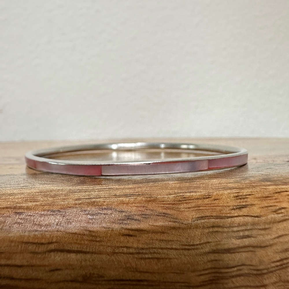 Vintage Silver Bangle Bracelet with Abalone Pink Stone Inlay